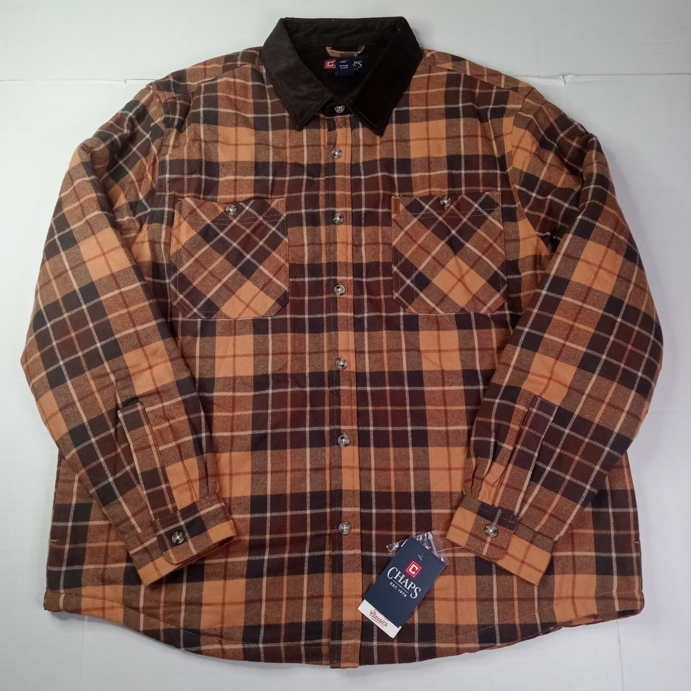 Chaps Shirt Shacket Men's 2XL Chestnut Brown Plaid Flannel Lined Button Up NWT